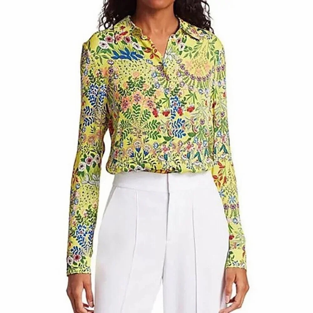 Alice + Olivia Willa Wildflower Daffodil Print Shirt Blouse Floral Yellow S